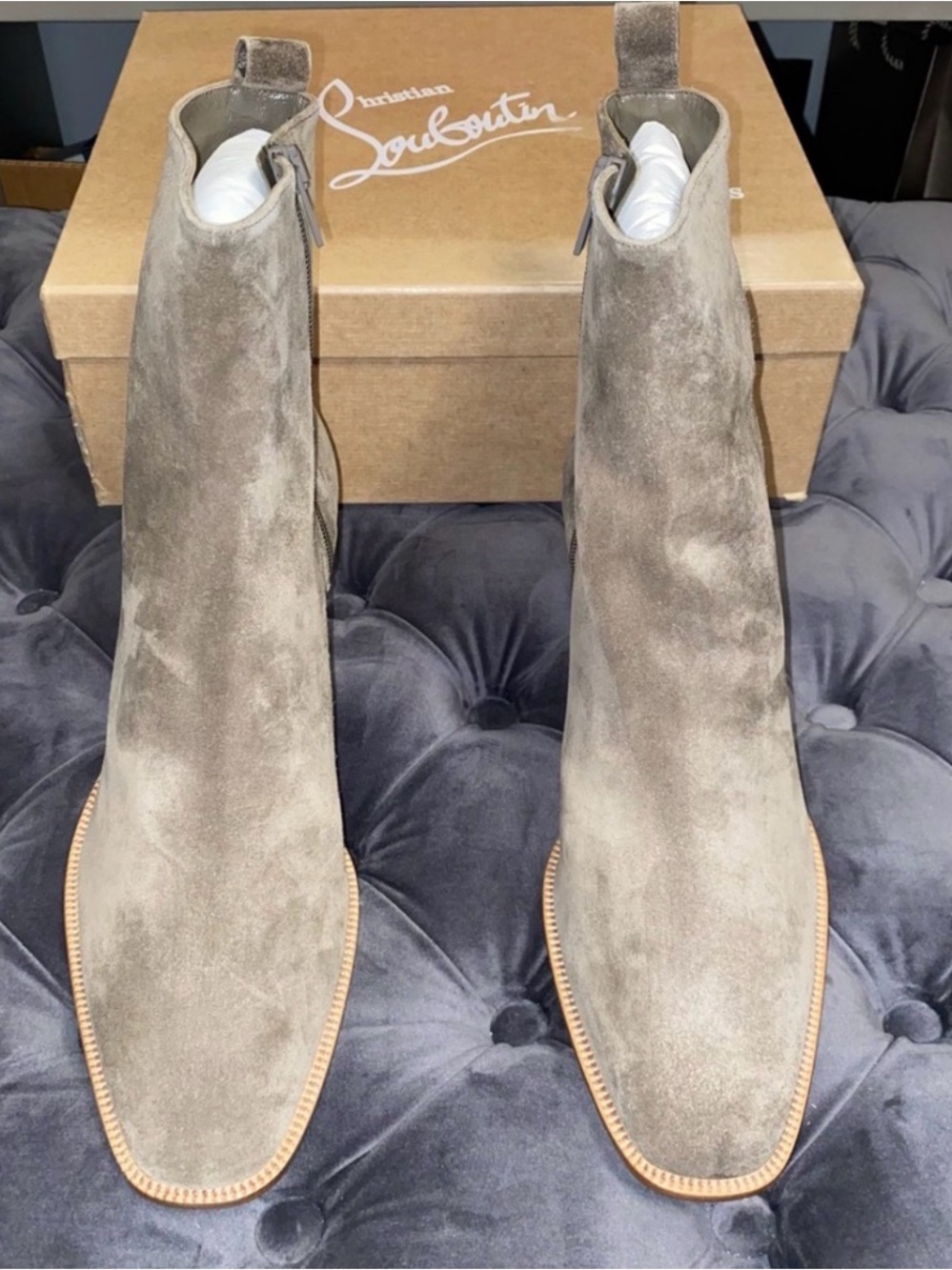 Christian Louboutin Taupe Suede Square-Toe Ankle Boots with box